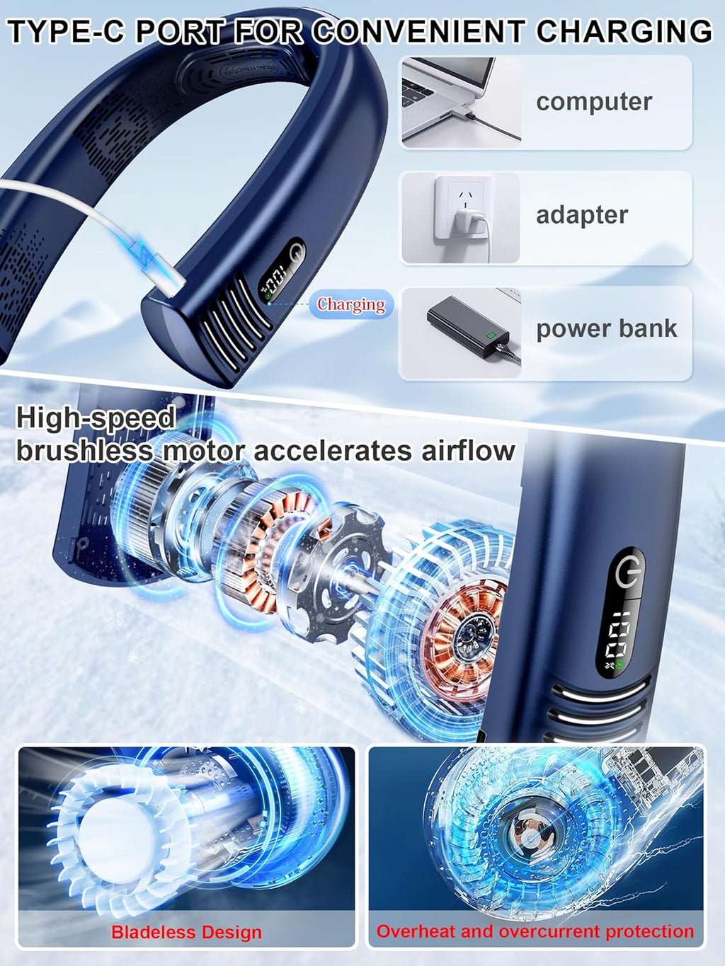 Portable Neck Fan Rechargeable 7000mAh Bladeless 360° Airflow Cooling Neck Fan H6431