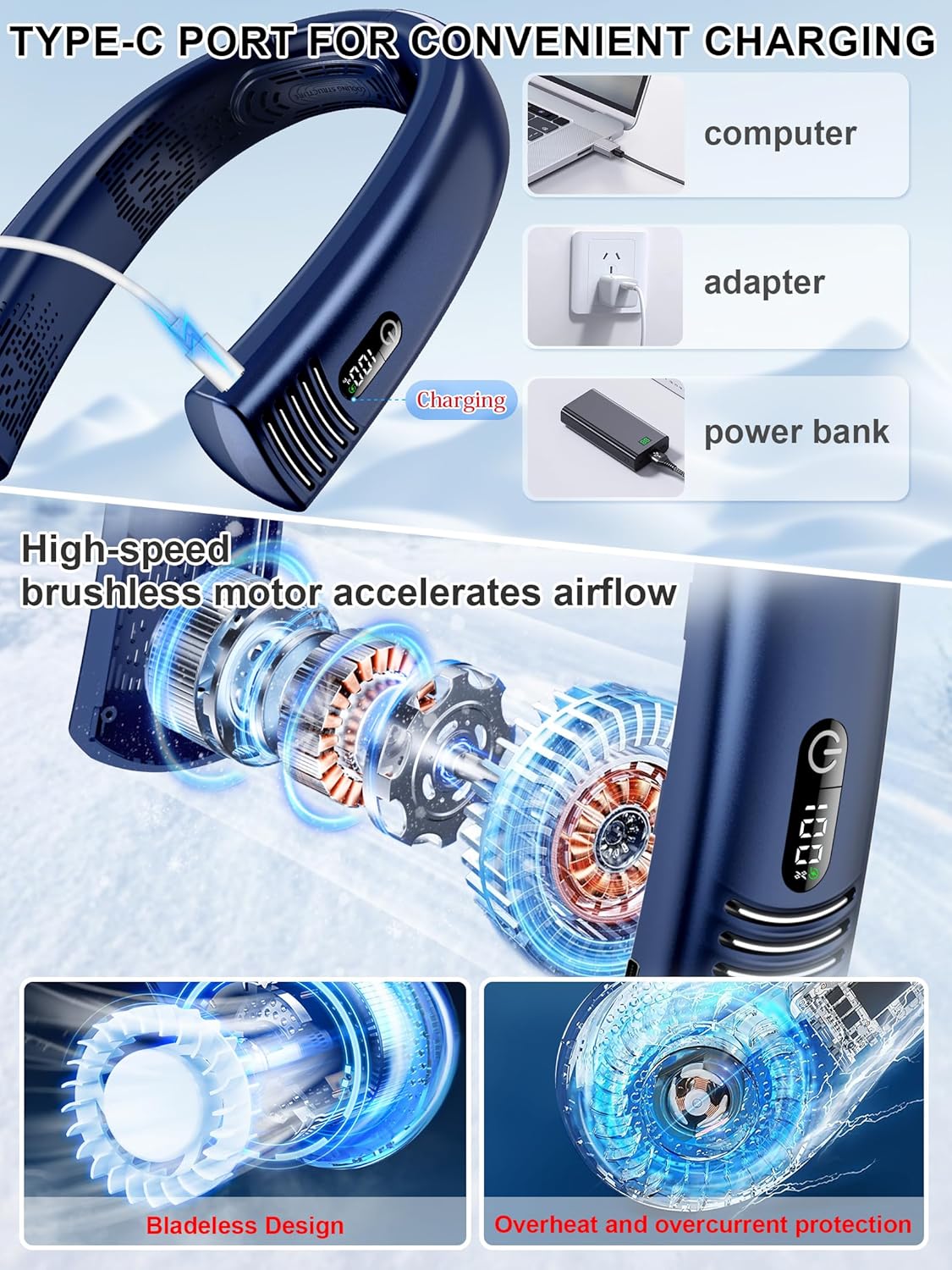 Portable Neck Fan Rechargeable 7000mAh Bladeless 360° Airflow Cooling Neck Fan H6431