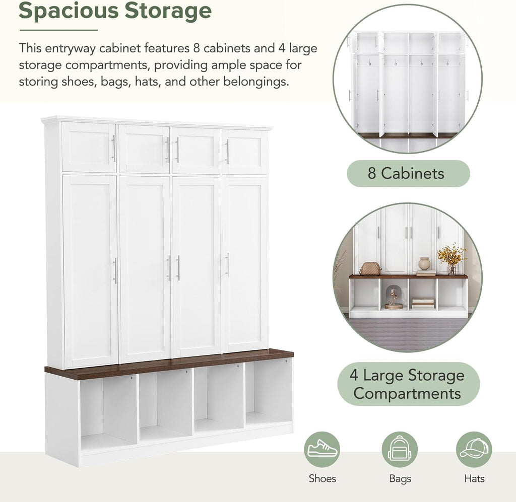 White Wide Entryway Hall Tree with Storage Bench & Shoe Cube Storage, 8 Cabinets, Coat Rack H676148