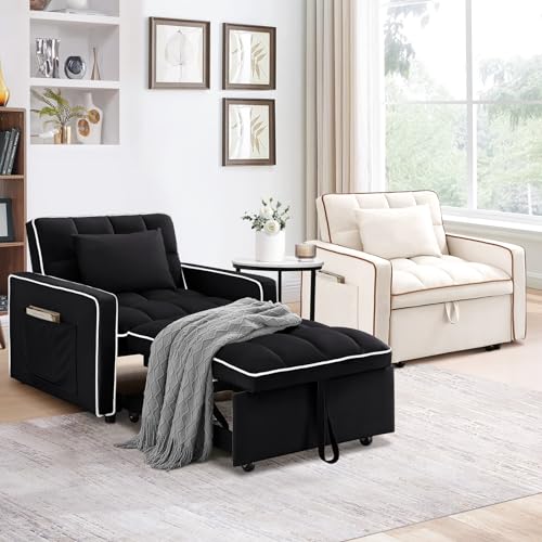 Beige Velvet Convertible Chair Bed O65436