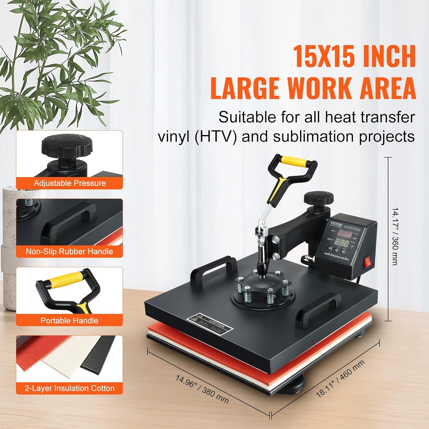 15x15 Heat Press Machine with Hat Press, 360° Swing Away Digital Tshirt Press Machine E75243