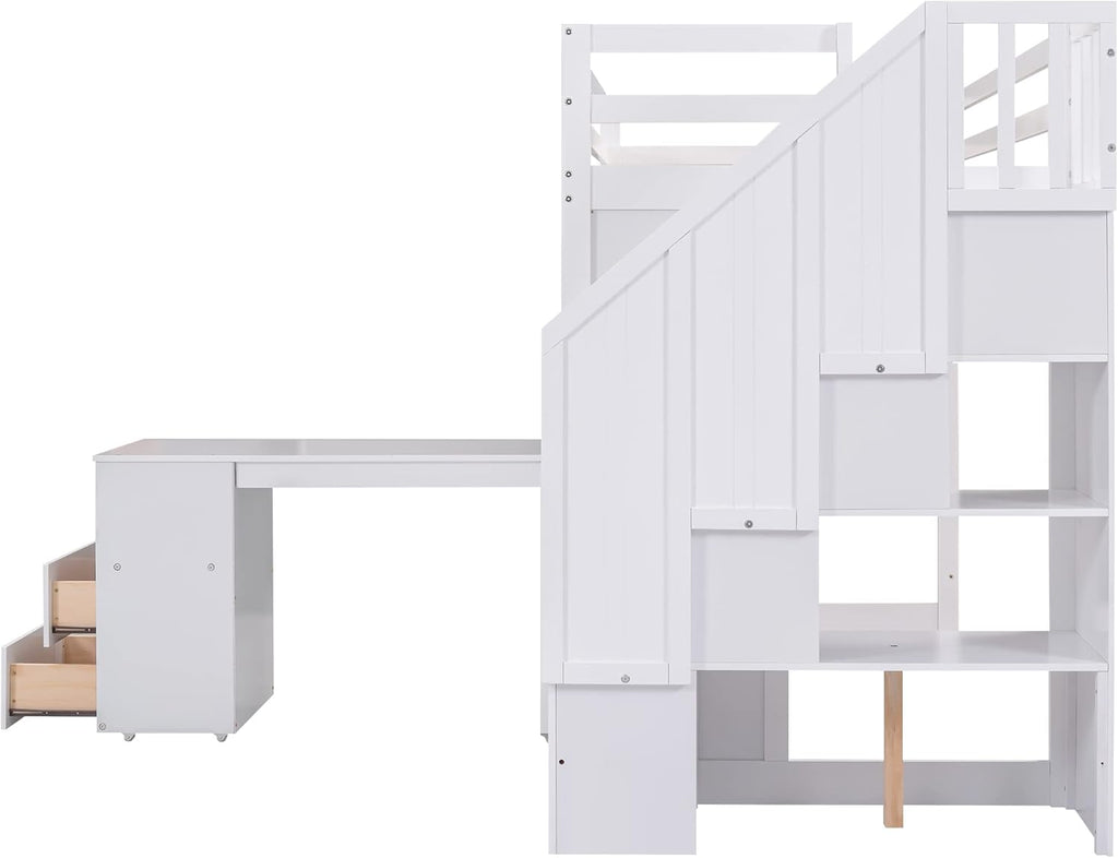 Twin Size Solid Wood Loft Bed with Stairs and Desk M3482