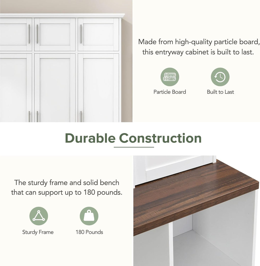 White Wide Entryway Hall Tree with Storage Bench & Shoe Cube Storage, 8 Cabinets, Coat Rack H676148