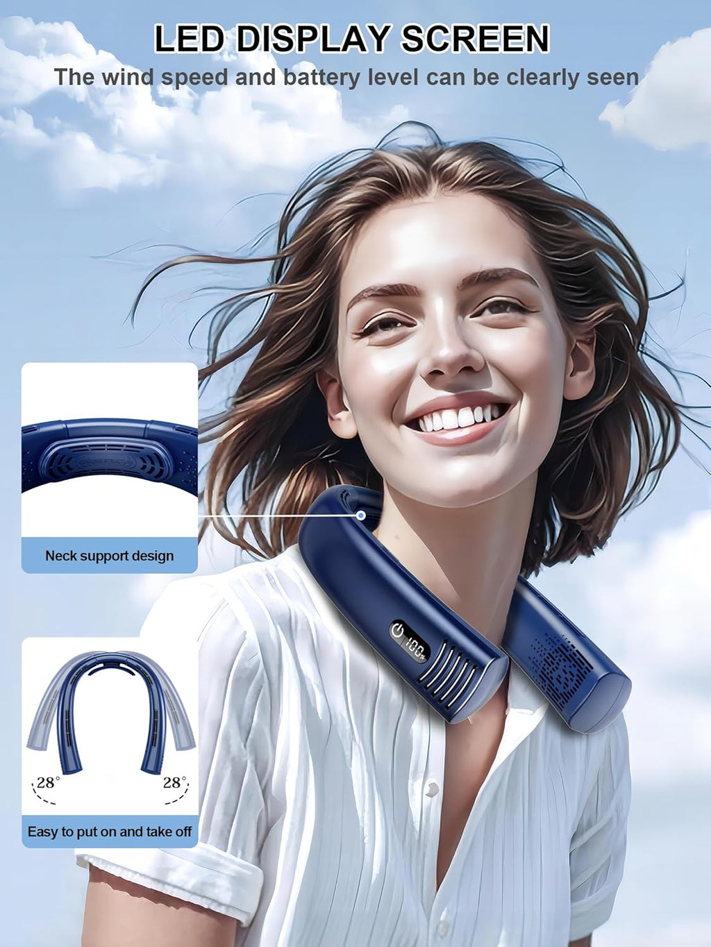 Portable Neck Fan Rechargeable 7000mAh Bladeless 360° Airflow Cooling Neck Fan H6431
