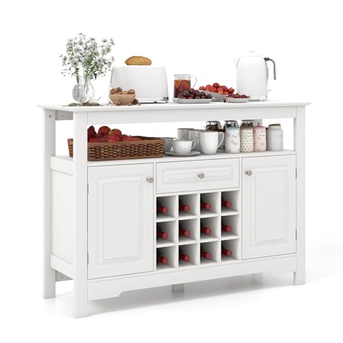 White Bar Cabinet with 12-Bottle Removable Wine Rack, 2 Doors & Drawer S925