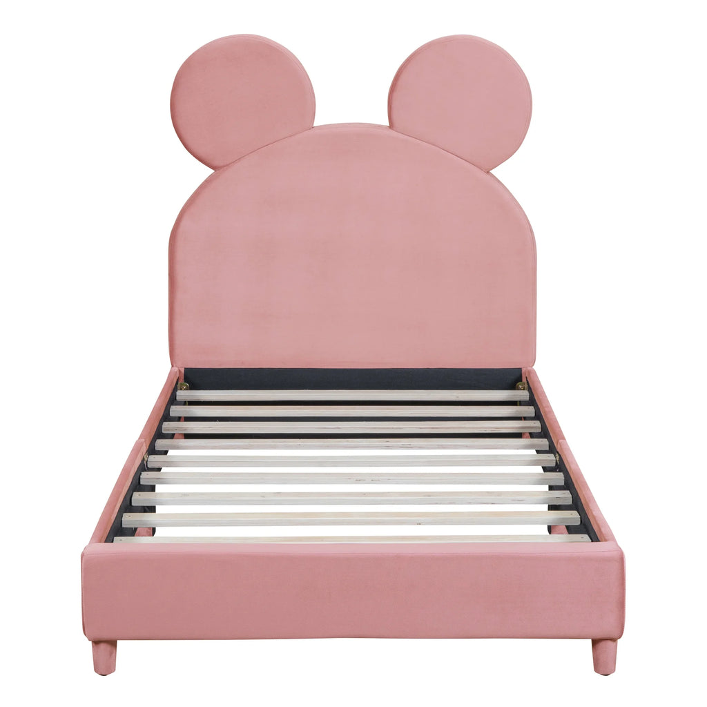 Pink Twin Size Upholstered Platform Bed Frame with Wood Slat Support T45063