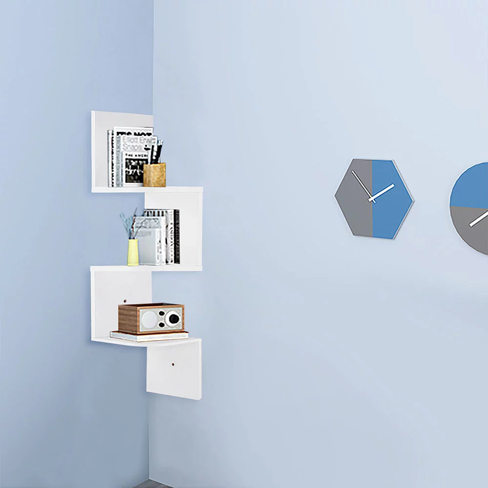 White 3 Tiers Zig Zag Floating Wall Mount Corner Shelf X541