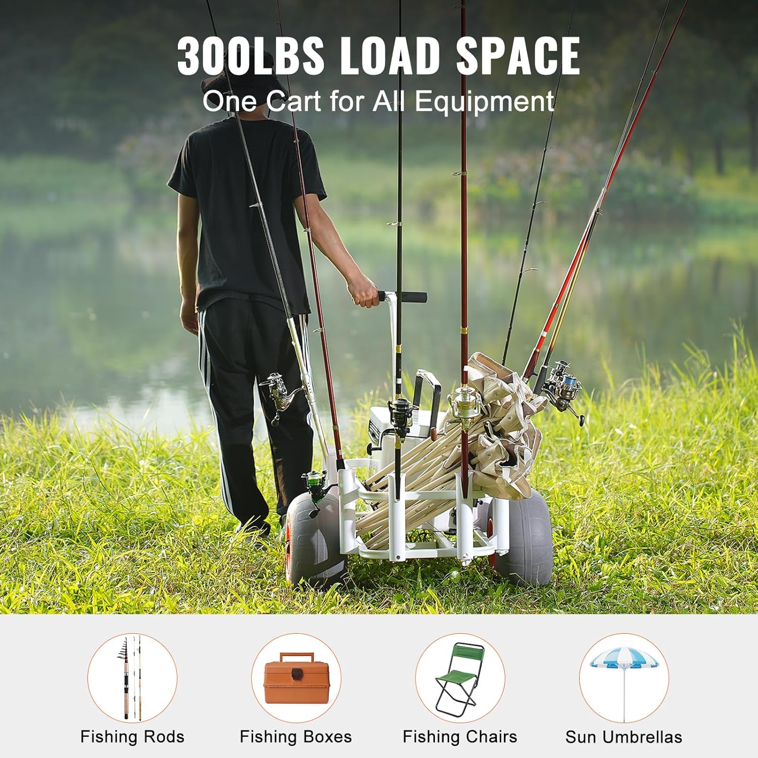 Heavy-Duty Aluminum Beach Fishing Cart with 8 Rod Holders I704