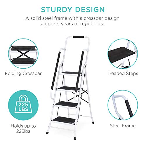 4-Step Folding Step Stool with Padded Hand Grips, Non Slip Rubber Feet, Attachable Tool Bag I16592