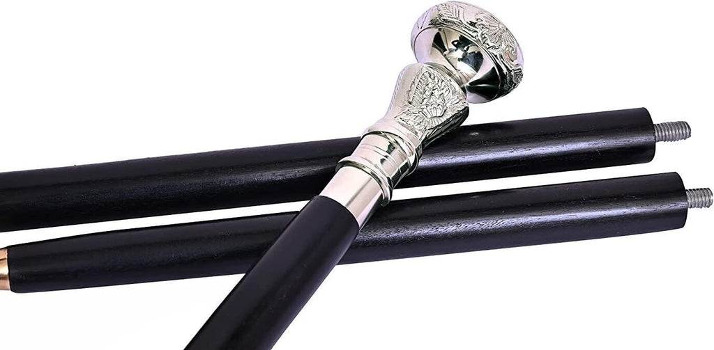 Black Shaft Silver Brass Handle Wooden Walking Cane L480287