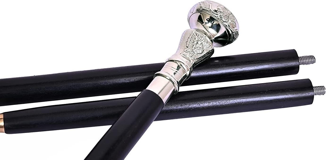 Black Shaft Silver Brass Handle Wooden Walking Cane L480287