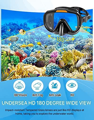 4 in 1 Snorkel Set with Panoramic View Diving Mask, Dry Top Snorkel, Fins and Travel Bag E8015