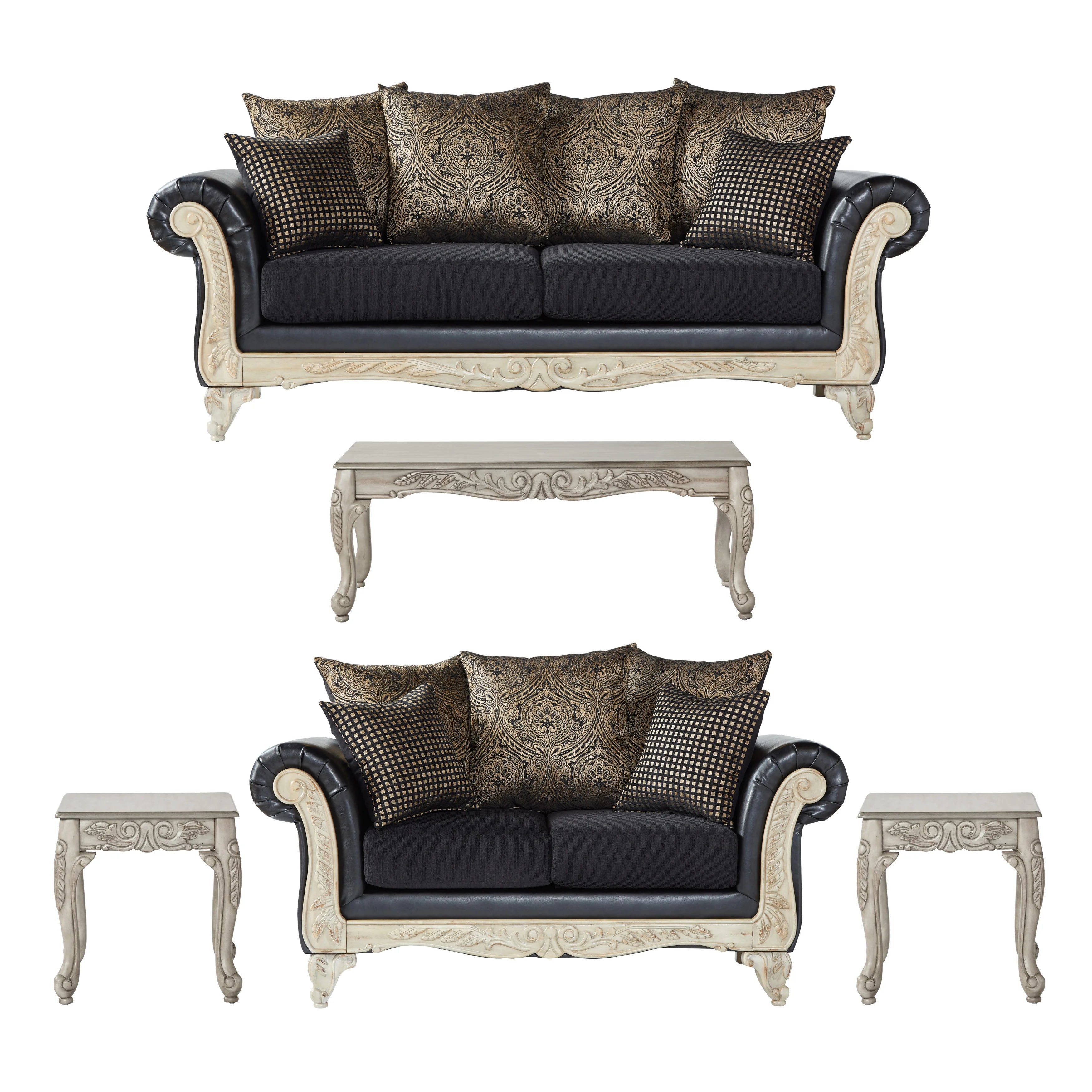 Wood Frame Faux Leather Sofa and Loveseat with 3-Piece Tables Set B853743