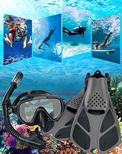 4 in 1 Snorkel Set with Panoramic View Diving Mask, Dry Top Snorkel, Fins and Travel Bag E8015