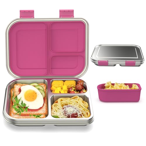 Pink 3 Compartments Leak Proof Stainless Steel Bento Lunch Box N1817