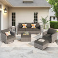 6 Piece Outdoor Wicker Sofa with Swivel Rocking Chairs and Cushions W495030