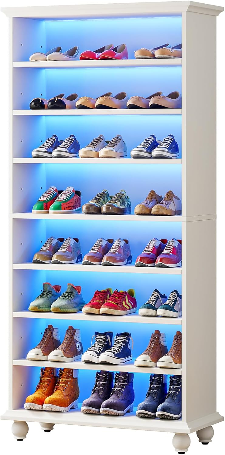 White 9-Tier 30 Pairs Shoe Storage Cabinet with Solid Wood Legs M80643