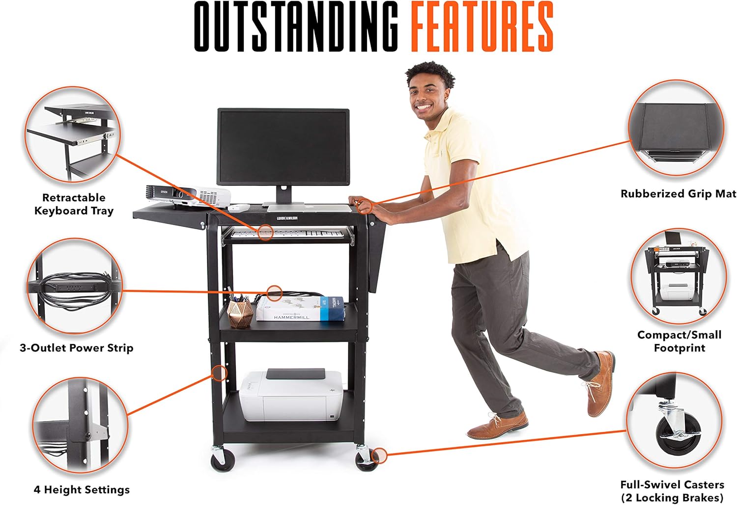 Black Height Adjustable Utility Cart with Drop Leaf Shelves and Pullout Laptop Tray W935493