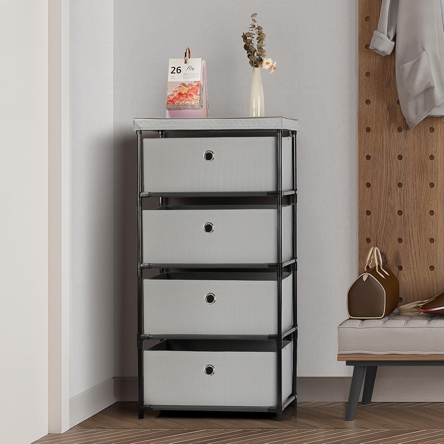 Light Gray Fabric 4 Drawer Storage Dresser J49941