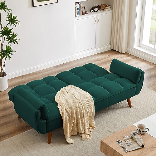 76 Inch Tufted Linen Fabric Convertible Sleeper Sofa with Adjustable Positions and Solid Wooden Legs, Yellow E66757
