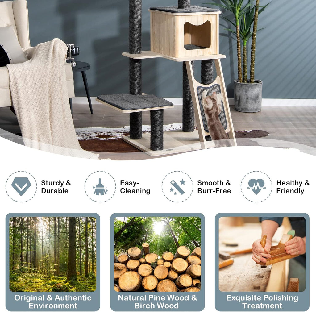 Grey Wooden Cat Tree with Sisal Posts & Scratch Board L985