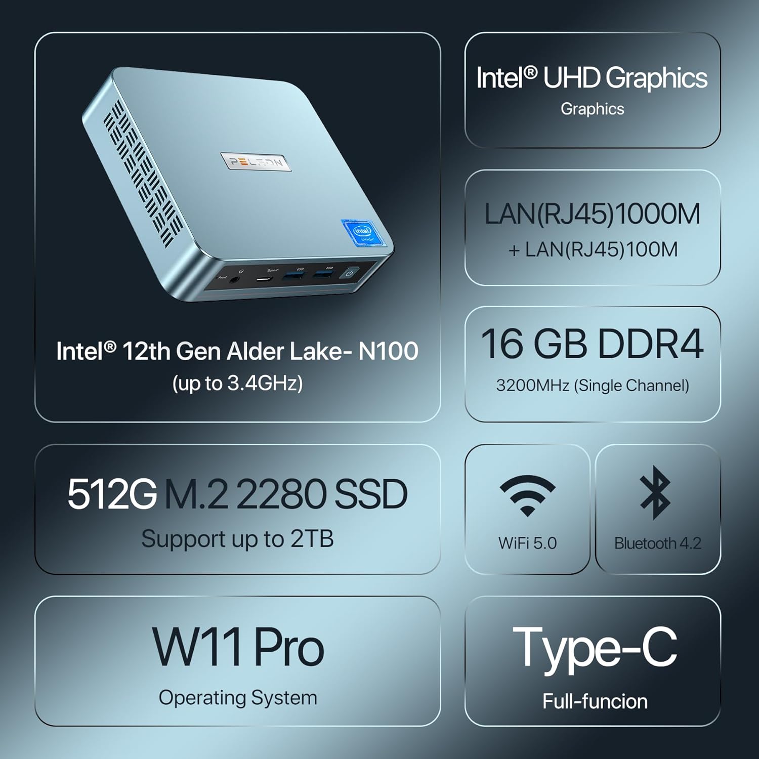 Mini PC, Intel 12th Gen N100, 16GB DDR4 RAM 512GB M.2 PCIe SSD F719741