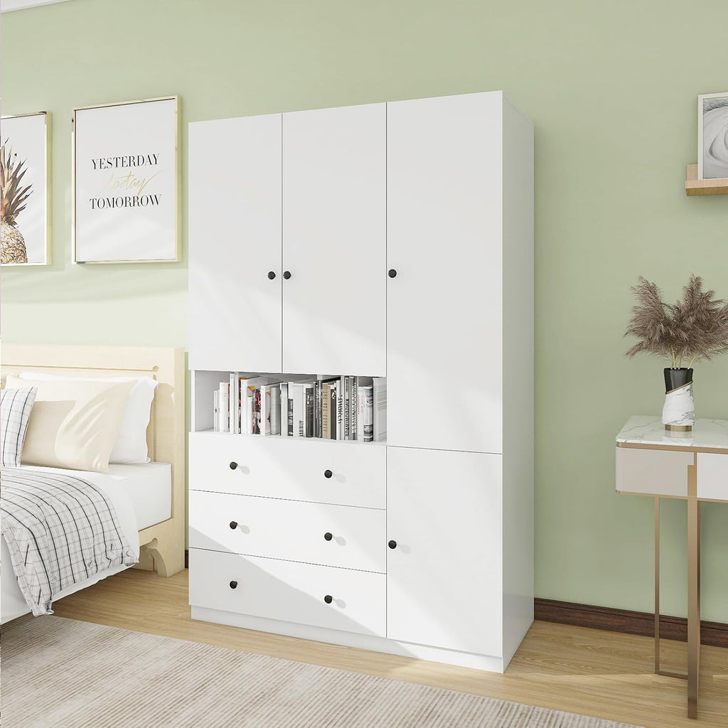 White 3-Door Armoire Wardrobe with 3 Drawers and Hanging Rod T933