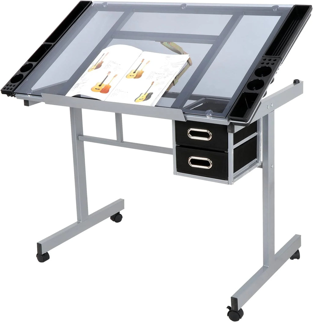 Adjustable Glass Tabletop Drawing Desk with 2 Slide Drawers and Wheels Z519611