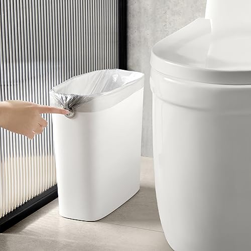 White 1.8 Gallon Slim Plastic Rectangular Trash Can with Trash Liner Holder Q268