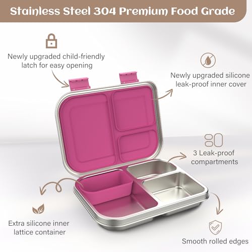 Pink 3 Compartments Leak Proof Stainless Steel Bento Lunch Box N1817