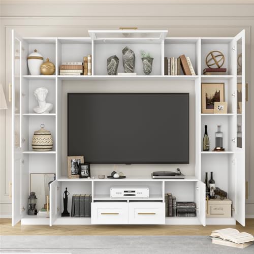 White TV Stand with Glass Doors & Shelves D87077