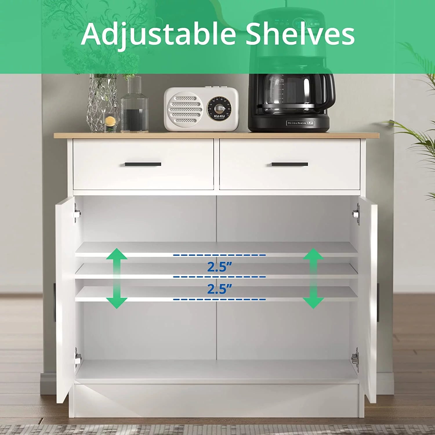 Kitchen Buffet Storage Cabinet with Doors, Drawers and Shelf U8980