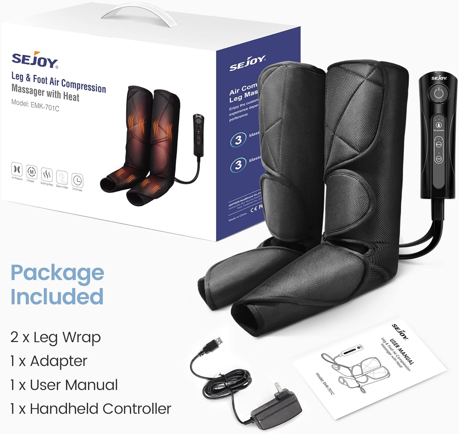Leg Massager with Air Compression and Heat, Foot and Calf Massage Machine with Hand-held Controller X2856