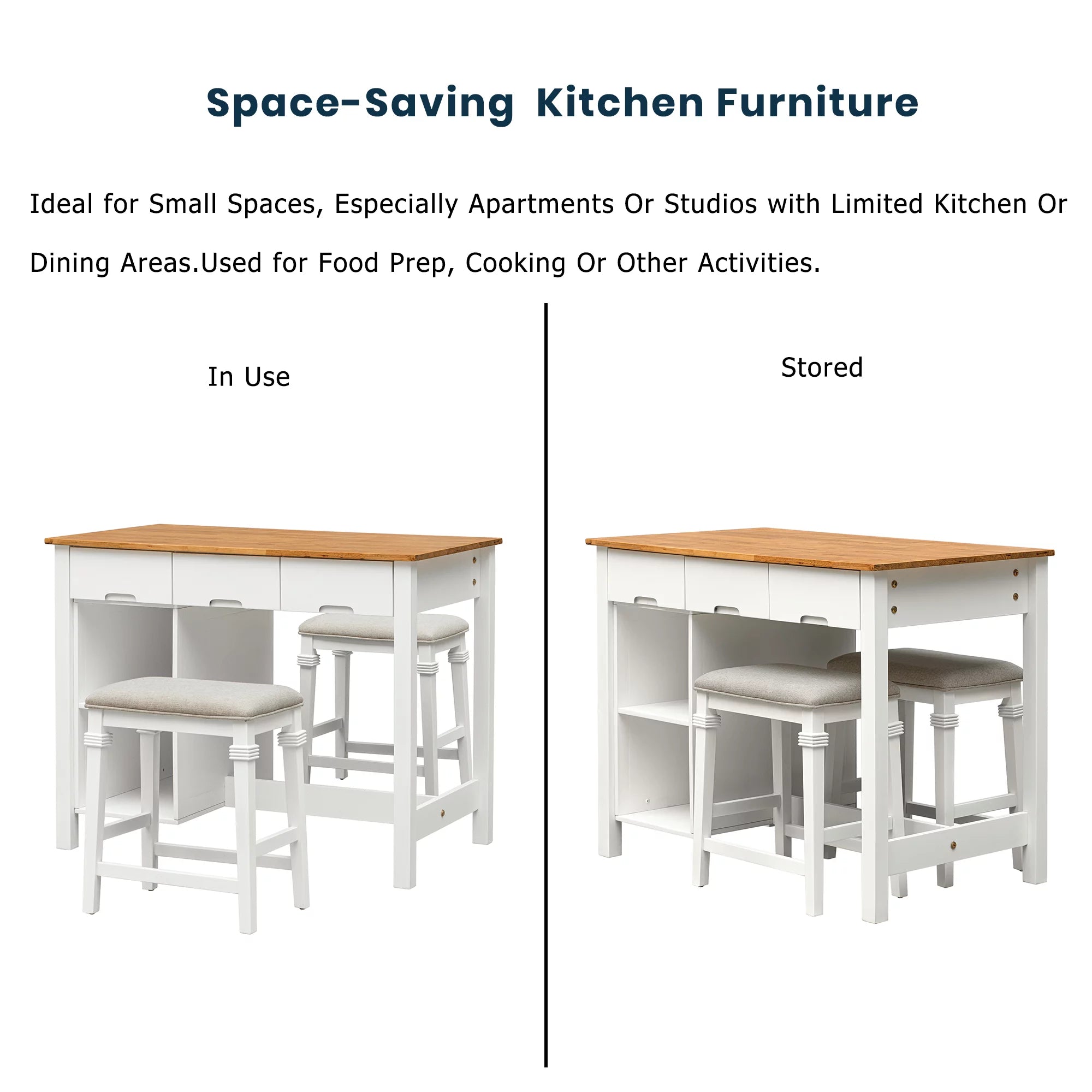 White 3-piece Rubber Wood Kitchen Island Set with 2 Shelves and 3 Drawers M6553