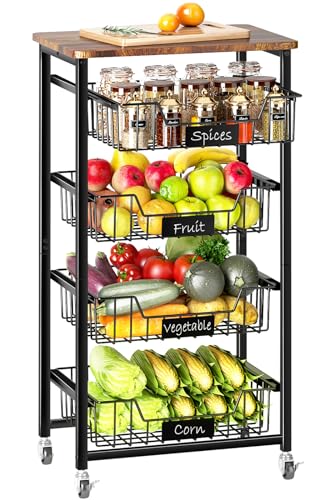4-Tier Rolling Storage Cart with Pull-Out Baskets and Wood Top K927079