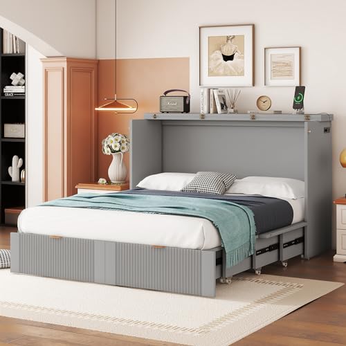 Gray Wood Murphy Bed with Storage Drawers N1485