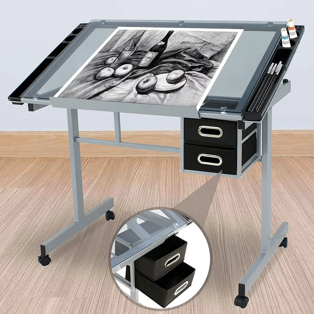 Adjustable Glass Tabletop Drawing Desk with 2 Slide Drawers and Wheels Z519611