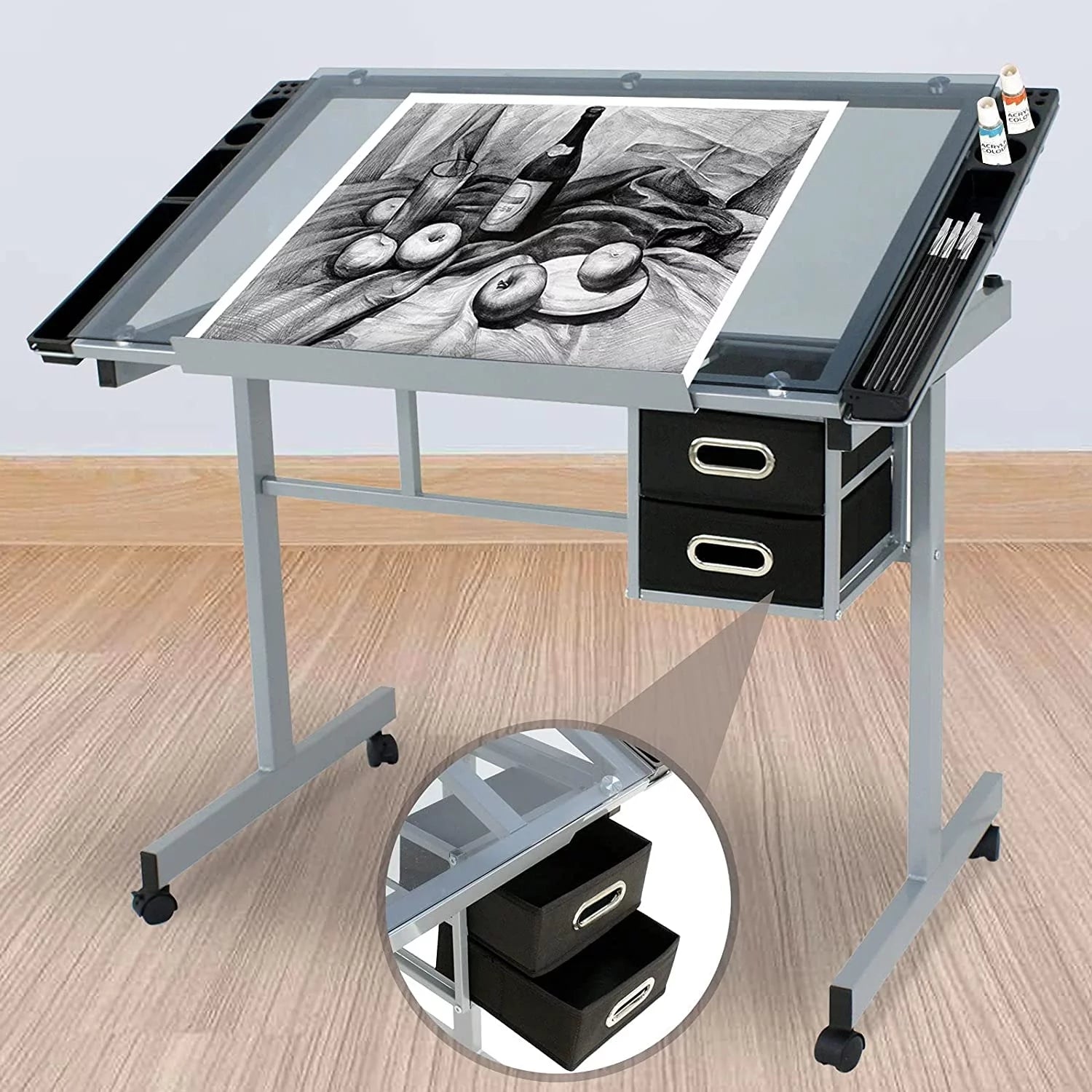 Adjustable Glass Tabletop Drawing Desk with 2 Slide Drawers and Wheels Z519611