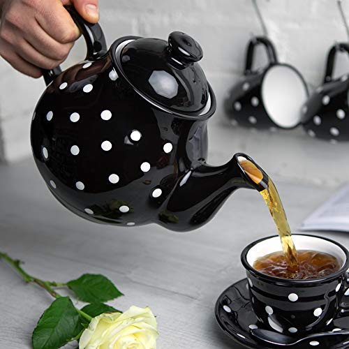 Black and White Polka Dot Large Ceramic 1.7l 60oz 4-6 Cup Teapot Milk Jug Sugar Bowl Set R30371