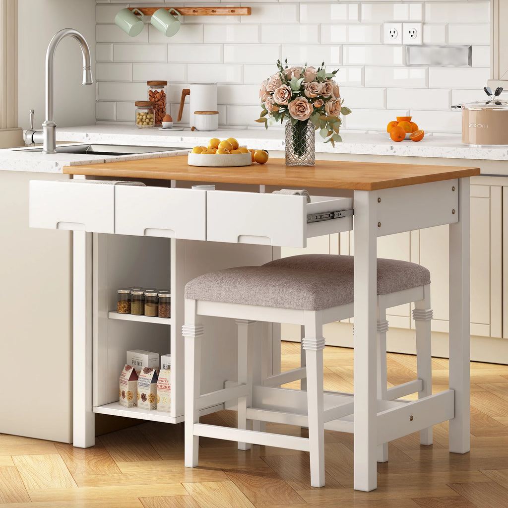 White 3-piece Rubber Wood Kitchen Island Set with 2 Shelves and 3 Drawers M6553