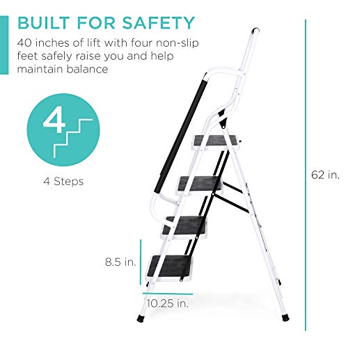 4-Step Folding Step Stool with Padded Hand Grips, Non Slip Rubber Feet, Attachable Tool Bag I16592