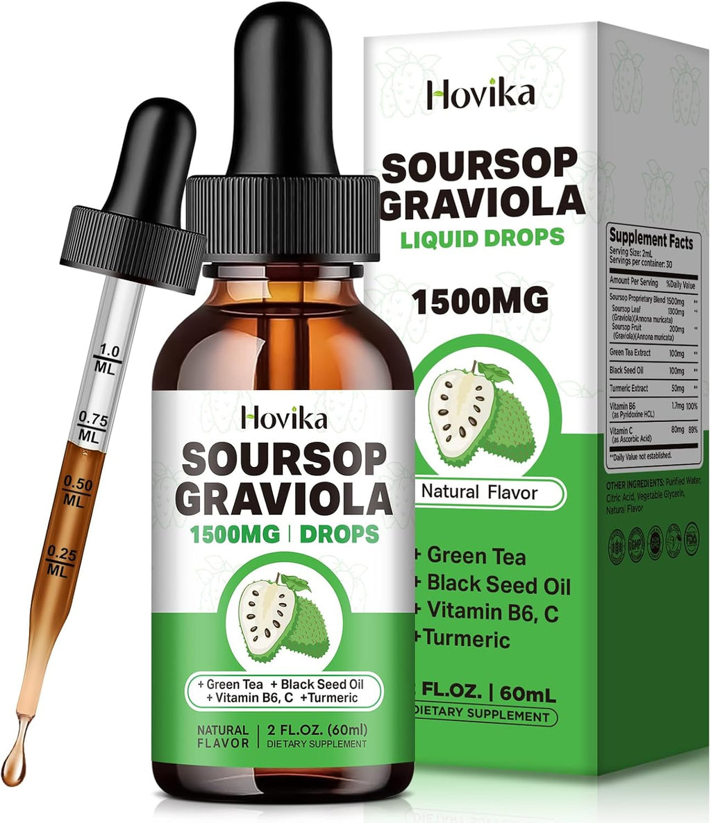 Soursop Graviola Liquid Drops 1500mg with Green Tea, Black Seed Oil, Turmeric, Natural-B Flavor 2 Fl Oz U188513