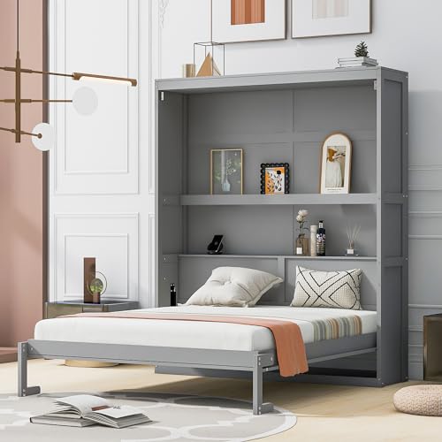 Gray Queen Murphy Bed Frame with Storage Shelves D543957