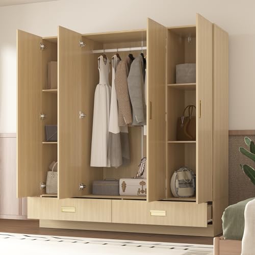 82.7" H Armoire Wardrobe Closet with 8 Doors and 2 Drawers, Light Brown Wood Grain C213