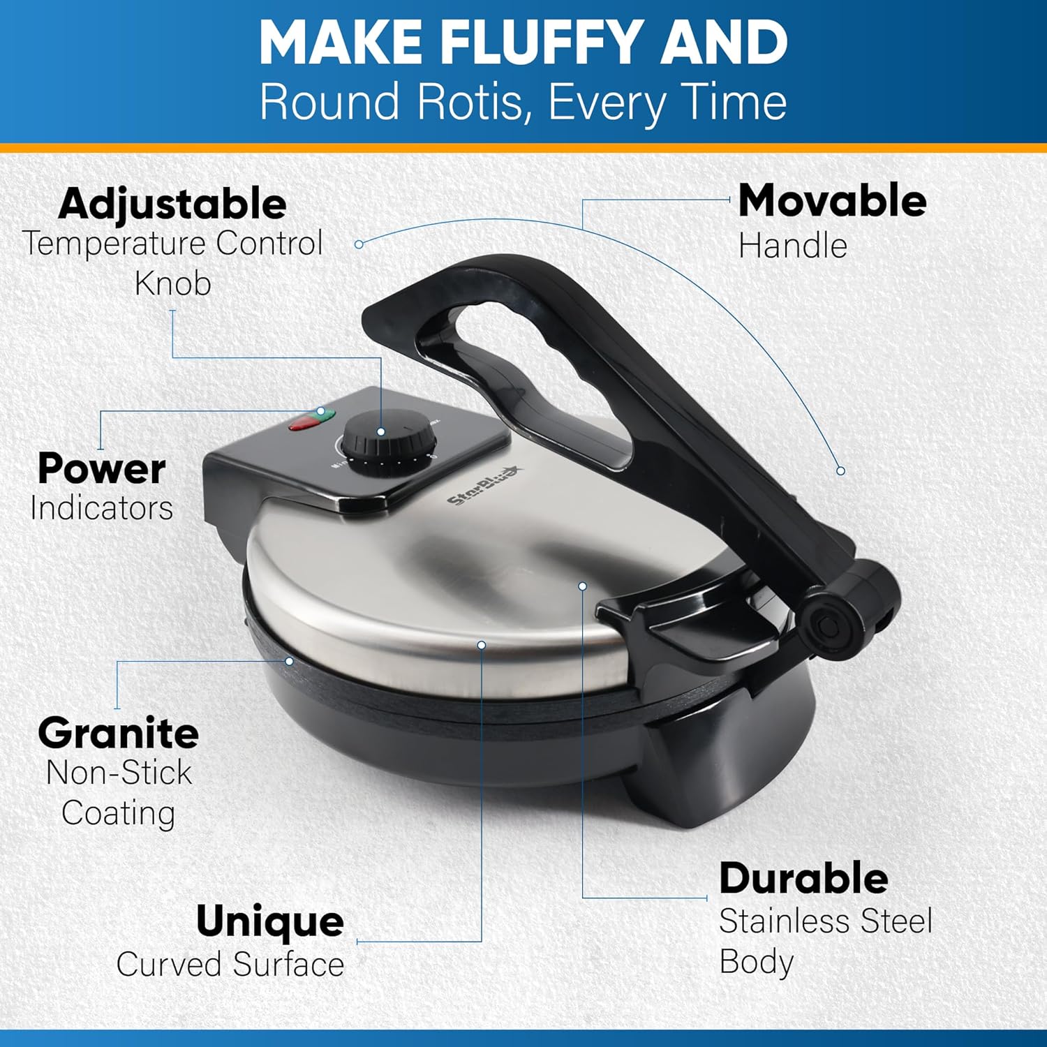 10inch Stainless Steel Non-Stick Electric Roti Maker with Removable Handle P41687