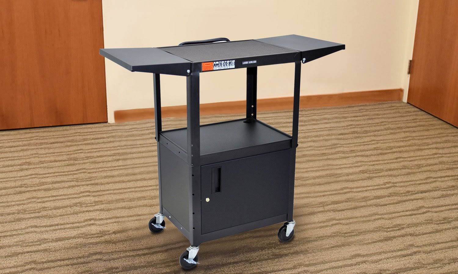 Adjustable Height Steel AV Cart with Cabinet and Drop Leaf V97417