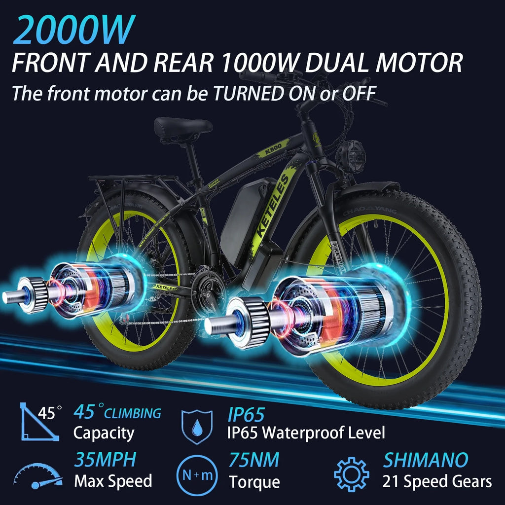 2000W 26" Fat Tire Dual Motor Electric Bike E2006