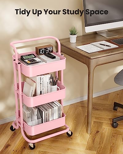 3 Tier Mesh Utility Cart with Handle and Lockable Wheels Black Y45861