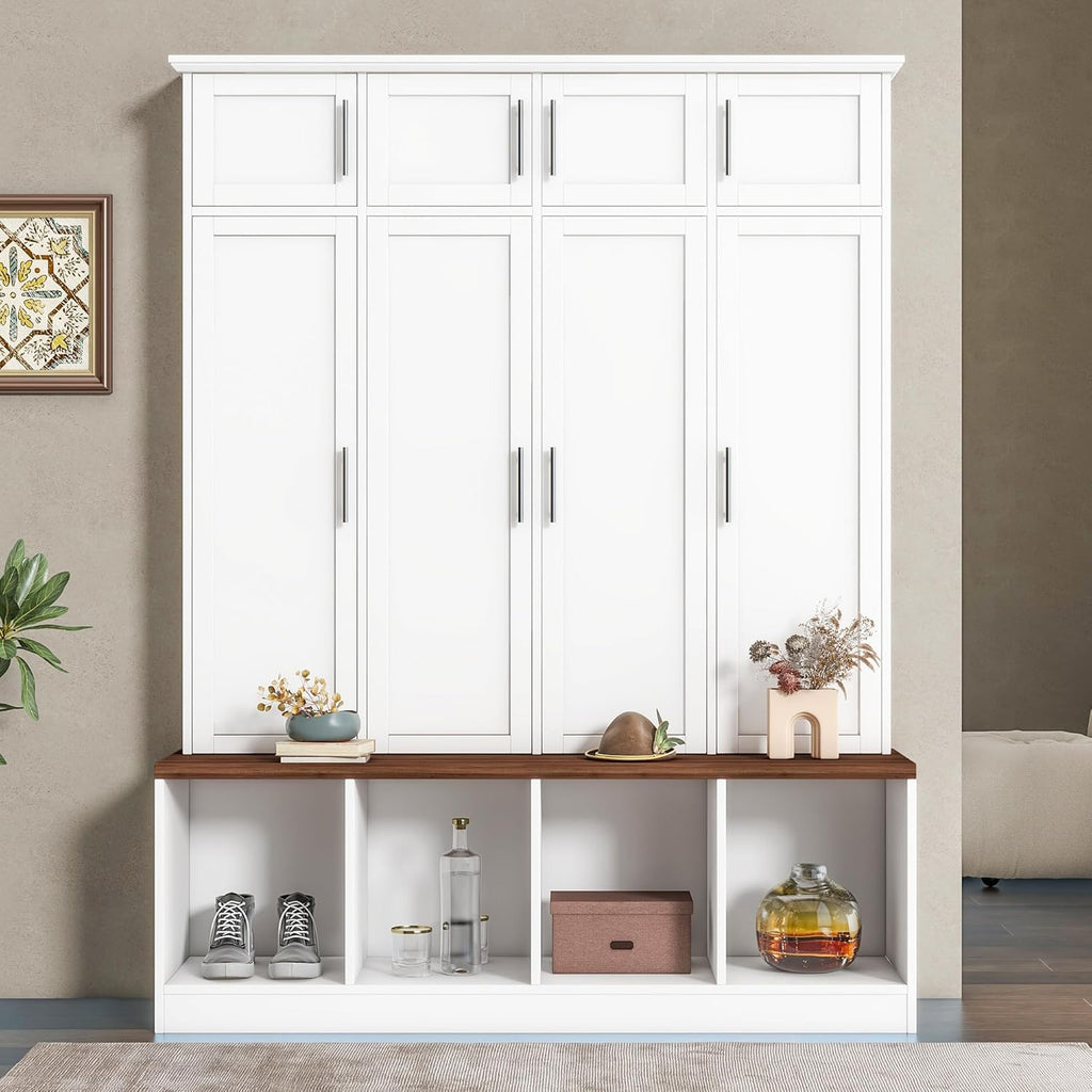White Wide Entryway Hall Tree with Storage Bench & Shoe Cube Storage, 8 Cabinets, Coat Rack H676148