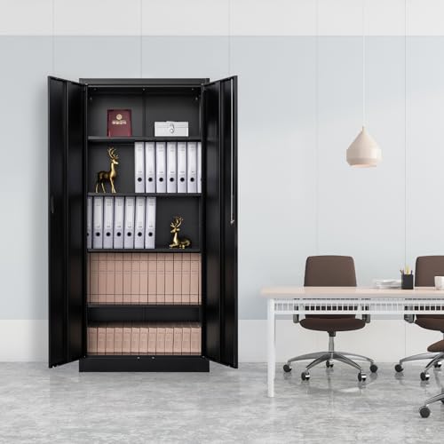 Metal Storage Cabinet with 2 Doors and 5 Adjustable Shelves, 71” White Locking Steel Tool Cabinet B7727
